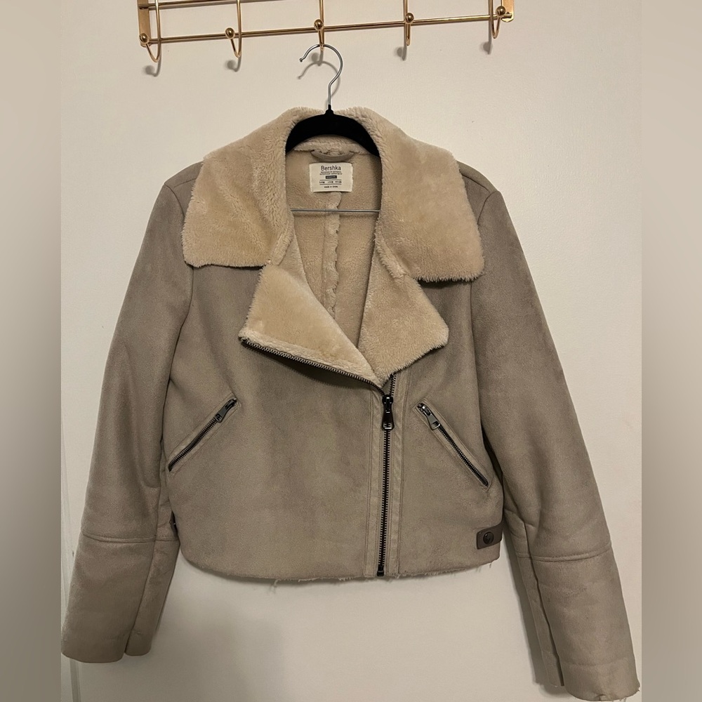 Bershka Beige Shearling Moto Outerwear Jacket